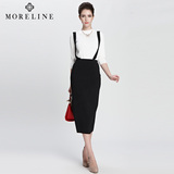 MORELINE沐兰2016春夏新品 时尚休闲背带连衣裙假两件黑色中长裙
