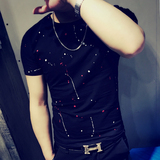 韩版男士修身个性印花短袖T恤休闲体恤半袖青年夏装打底衫紧身潮
