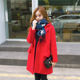 韩国东大门2016秋冬季新款学院风甜美毛呢外套女 红色羊毛呢大衣