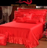 婚庆大红色单件床单双人床单1.5/1.8/2米床结婚蕾丝边床单清仓