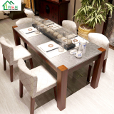 新中式家具客厅实木水曲柳火烧石餐桌椅组合楷模玄武石大理石饭桌