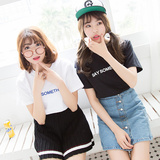 韩版夏季字母印花简约百搭显瘦短袖T恤女班服学院风打底衫闺蜜装