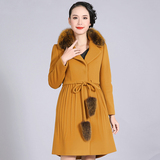 2015冬装新款 柏维娅PF5D1070 时尚修身束腰拼接褶皱羊绒大衣 女