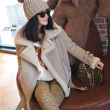2015冬鹿皮绒羊羔毛女外套短款修身机车夹克麂皮绒外套女棉衣加厚