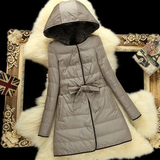 韩版羊毛带帽修身系带羽绒服女中长款冬季尼克服外套 清仓特价！