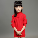 女童毛衣中长款套头冬季中大童打底红色半高领儿童针织衫加厚加绒