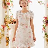 高端新款2016夏装正品圆领短袖女粉红玛丽修身蕾丝印花时尚连衣裙