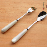陶瓷长柄不锈钢咖啡勺子 水果小叉子套装 韩国创意可爱儿童甜品勺