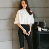 韩范衬衫女式韩版复古五分袖夏装新款斗篷宽松露脐白色短款衬衣