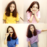 韩国经典简约拼色领学生体恤衫糖果色短袖宽松T恤女#T51