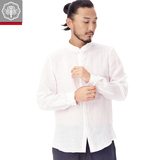 意树中国风夏季纯色白衬衫男青年亚麻刺绣衬衫盘扣立领长袖衬衣潮