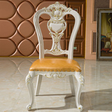 欧式餐椅法式象牙白全实木橡木雕花靠背不带扶手餐桌椅真皮椅子