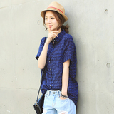 韩国代购2015JUN新夏季女装大码宽松小圆点格子做旧翻领短袖衬衫