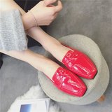 春季韩版单鞋女韩版简约漆皮方头中口豆豆鞋平底鞋红色女鞋子