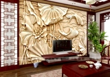 视墙壁纸沙发无缝大型壁画中式3D立体浮雕仿木雕荷花鱼电视背景影