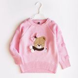 春季童装女童韩国小熊卡通粉色针织衫圆领套头宝宝卡通纯棉线毛衣
