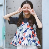 2016夏装新款韩版女装碎花小吊带拼接假两件圆领棉麻短袖T恤上衣