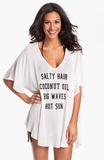 特价女超大宽松蝙蝠字母白色丝光棉沙滩防晒衣渡假罩衫薄T恤