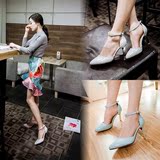 8cm韩版2016春夏季新款细跟尖头白包头高跟鞋凉鞋一字扣性感女鞋