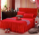 蕾丝大红色婚庆褶皱床裙手工金片席梦思床罩床盖1.8米可配床头罩