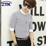 夏季条纹衬衫男短袖韩版修身男士七分袖衬衣青少年潮男装中袖上衣