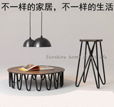 简约现代铁艺圆形实木茶几钢化玻璃茶几创意波浪腿咖啡桌客厅茶桌