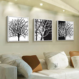 黑白画抽象发财树装饰有框画客厅电视机墙上挂画三联欧式过道挂画