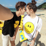 沙滩休闲旅游情侣装夏装短袖t恤 女大码宽松纯色笑脸韩版学生情侣