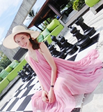 马尔代夫海边度假风2016夏季新款 超仙粉色吊带连衣裙性感沙滩裙