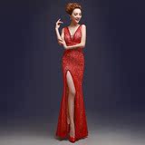 2016新款深V红色蕾丝双肩修身长款晚礼服 开叉包臀敬酒服显瘦
