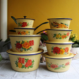 批发老式带花铁喷漆汤盆黄色汤锅带盖平底碗搪瓷盆带盖子7种尺寸