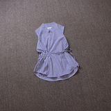 2016夏装新款欧货潮欧洲站时尚气质无袖条纹衬衫女 收腰系带上衣