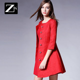ZK女装2016冬装新款红色单排扣短外套修身圆领中长款大衣七分袖潮