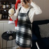 韩国代购2016JAN新春季女装宽松做旧细条纹格短裙休闲背带连衣裙