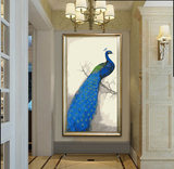 定制大幅蓝孔雀数字油画竖向画玄关画DIY手绘花鸟风景客厅装饰画