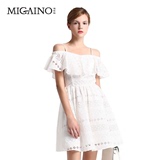 MG2DE074曼娅奴专柜正品2016夏装一字领镂空蕾丝白色连衣裙包邮