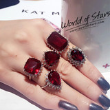 【欧世星】韩版大宝石红宝石水晶戒指环时尚夸张食指钻戒结婚饰品