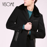 VISOME冬季新款毛呢大衣中长款男士拼接PU毛领修身时尚男风衣外套