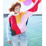韩国代购2015秋冬新款 甜美彩色拼色麻花宽松套头长袖短款毛衣 女