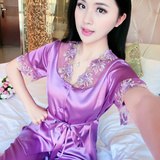 韩版睡衣女夏季短袖两件套装丝质丝绸可爱薄款性感修身蕾丝家居服