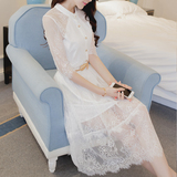 2016夏季新款 名媛网纱镂空半袖修身白色中长款蕾丝连衣裙 春夏