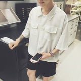 港仔新款夏装纯白色短袖衬衫男士韩版修身青年休闲衬衣潮男白上衣