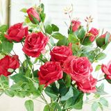 带露珠三头玫瑰 仿真花绢花假花塑料花人造花卉植物 白色大红香槟