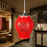 景德镇喜庆中国红餐厅陶瓷台灯灯罩 中式吧台饭厅三头吊灯配件