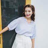 2016夏季女装新款韩版V领灯笼短袖衬衣女夏宽松学生条纹衬衫上衣