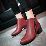2015秋冬新款女靴子中跟尖头短靴英伦欧美马丁靴酒红黑色粗跟单鞋