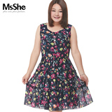 预售MsShe加肥加大码女装2016新款夏装印花背心裙连衣裙收腰4205
