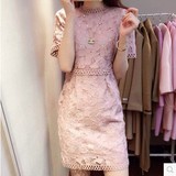 2016小香风夏季女装韩版修身时尚显瘦蕾丝裙子粉色镂空圆领连衣裙