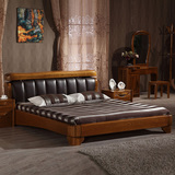实木床1.8米榻榻米大床真皮靠背床 榆木床婚床高档环保中式床特价