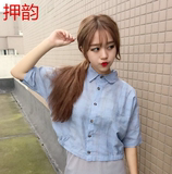 百搭韩版学生文艺宽松衬衫女短款格子娃娃领衬衣外套显瘦女士上衣